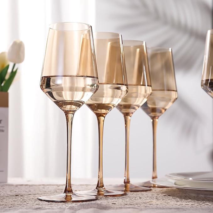 Physkoa Amber Colored Wine Glasses Set 6-16oz Stemmed Brown Wine Glasses With Tall Long Stem and Tulip Bottom,Amber Glassware for Home Deco,Wedding,Birthday