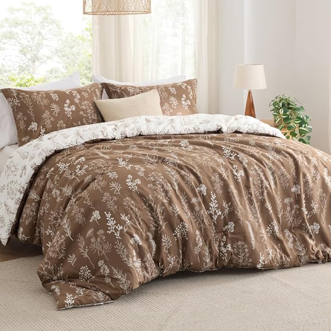 Bedsure Queen Comforter Set - Brown Bed Set, 3 Pieces Cute Floral Bedding, 1 Soft Reversible Botanical Flowers Comforter and 2 Pillow Shams
