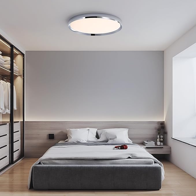 Modern Bathroom LED Ceiling Light, 19inch Chrome Round Flush Mount Ceiling Light, Dimmable 3000K-6000K, 40W, Ultra-Thin Minimalist Office Lighting for Living Room, Bedroom, Kitchen, Hallway