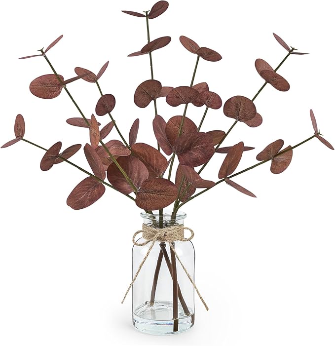 Artificial Eucalyptus Stems in Glass Vase with Faux Water, 14" Fake Plants for Home Decor Centerpieces, Office, Bathroom & Farmhouse Weddings - Faux Plants Decorations