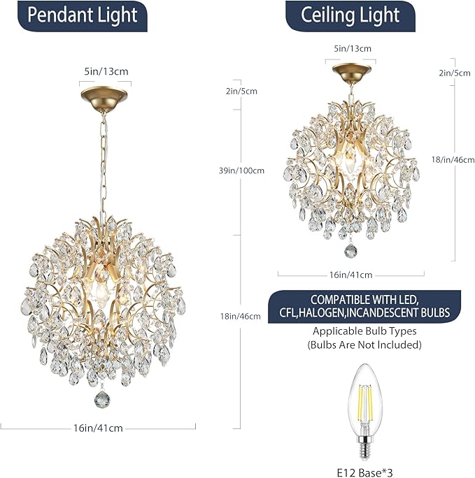 Bestier Modern Gold Pendant Chandelier Crystal Raindrop Lighting Ceiling Light Fixture Lamp for Dining Room Bathroom Bedroom Livingroom entryway 3 E12 Bulbs Required D16 in x H18 in