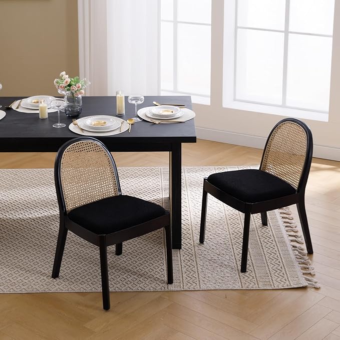 Mid Century Dining Chairs Set of 2, Rattan Sherpa Fabric Side Chairs Kitchen Chair with Solid Wooden Legs for Living Room Dining Room, Black