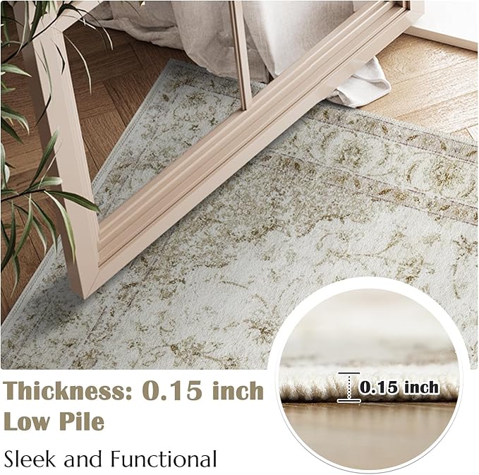 jinchan Vintage Floral Washable Area Rug 5x7 Non-Slip Medallion, Taupe