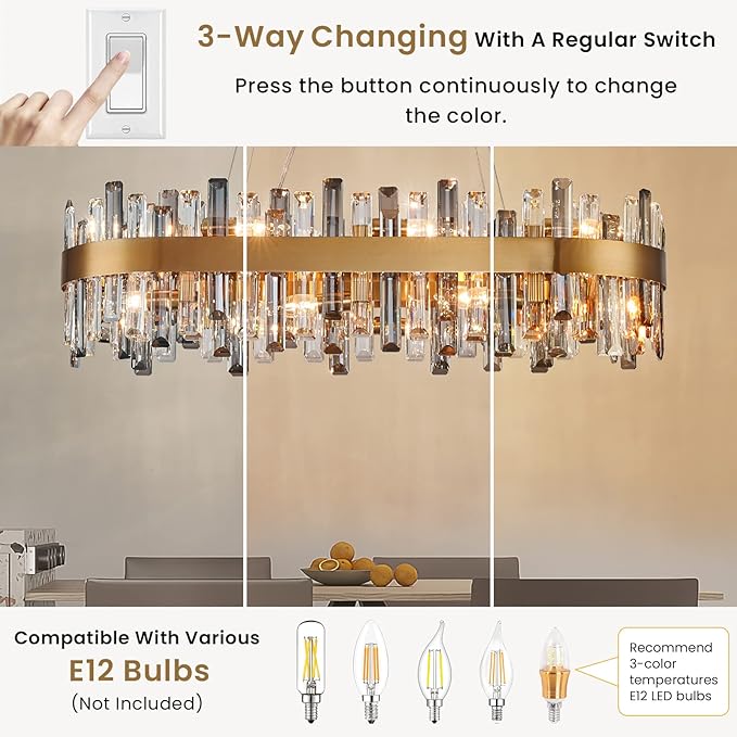 Siljoy 16-Light Modern Crystal Chandelier for Dining Room, Luxury Gold Rectangular Crystal Raindrop Chandelier, Farmhouse Oval Adjustable Pendant Ceiling Light for Living Room Kitchen Island L35.4''