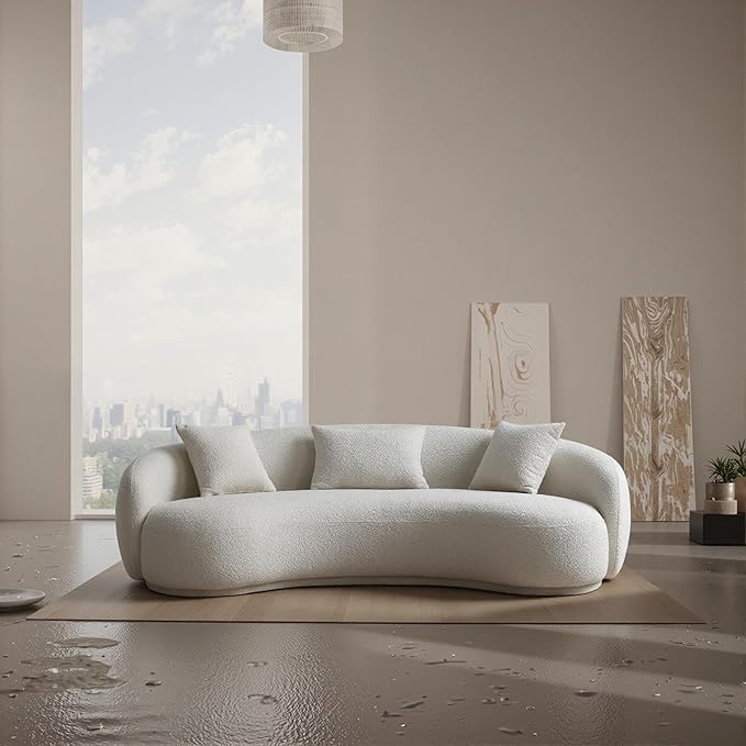 Acanva Modern Curved Sectional Living Room Couch, Minimalist Comfy Boucle Fabric Modular Sofa for Apartment, Home Office, 3-Seater, White