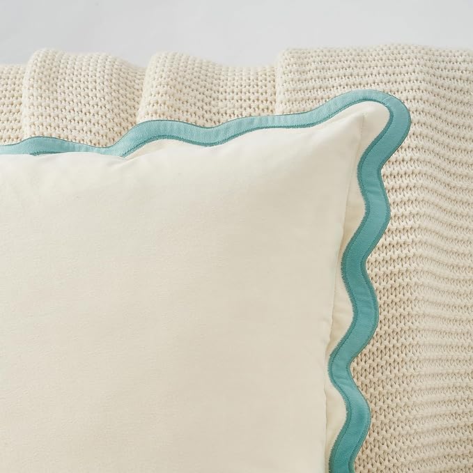 MONDAY MOOSE Decorative Throw Pillow Covers Cushion Cases, Set of 2 Soft Velvet Scalloped Wavy Edge Designs, Mix and Match for Home Decor, Pillow Inserts Not Included (White/Light Blue, 16x16 inch)