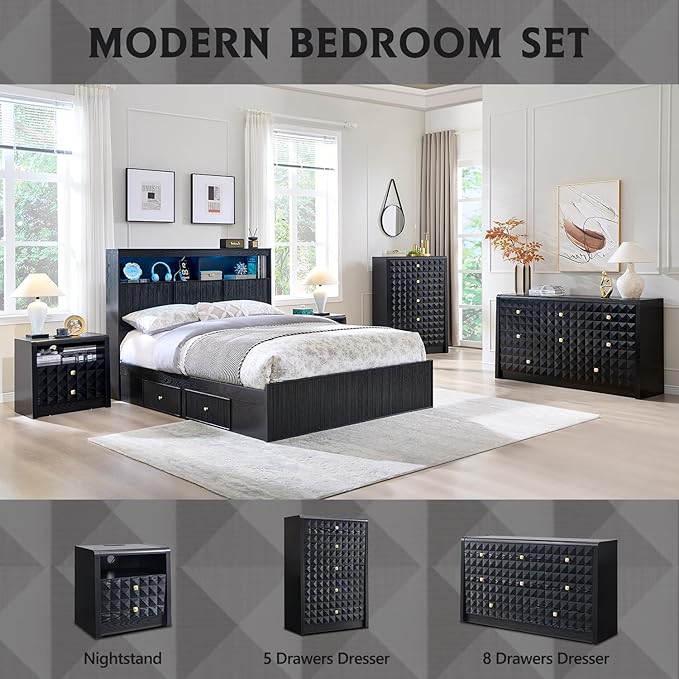 Modern 8 Drawer Dresser for Bedroom, Wooden Large Dressers &Chests of Drawers w/Two Different Drawer Sizes, Mid Century Modern Dresser w/Diamond Panel Decorate for Bedroom, Curved Profile Design,Black