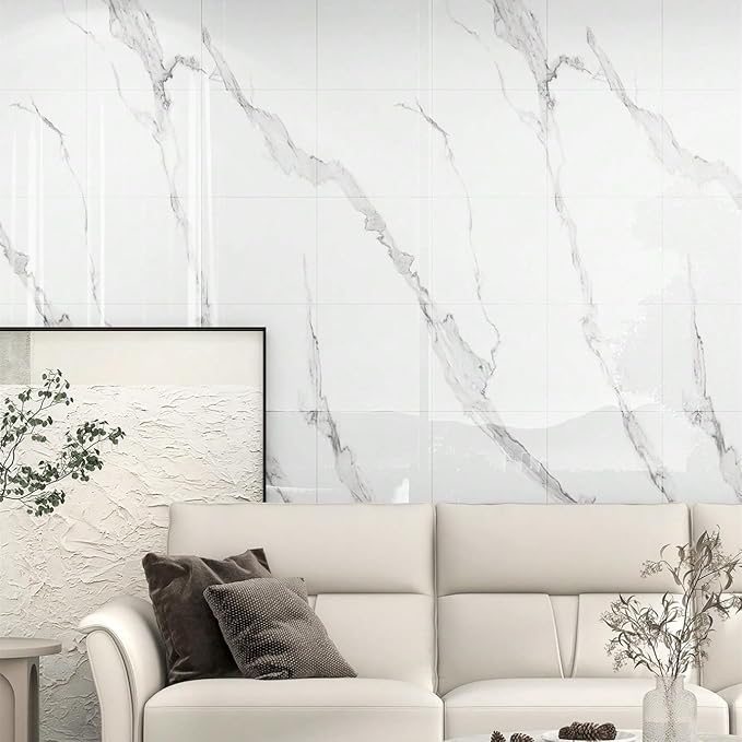 10pcs Marble Peel and Stick Backsplash Waterproof Washroom Wall Panels, Peel and Stick Tile, PVC Foam Wall Panels for Kitchen,Bathroom,Living Room,White and Grey(Not Real Tile,11.8" x 11.8")