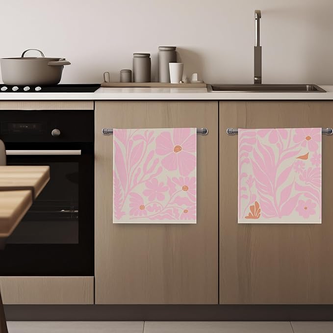 Boho Floral Dish Towels Vintage Abstract Flowers Waffle Weave Kitchen Towels Pink Flower