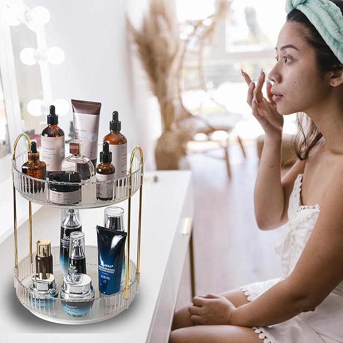 Rotating Makeup Organizer Countertop 2 Tier Lazy Susan Clear Skincare Perfume Storage for Bathroom Counter Vanity, Transparent