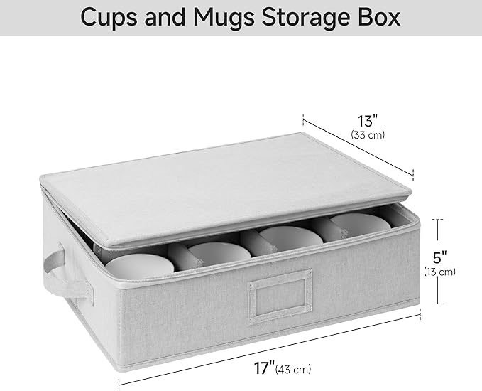 StorageWorks China Storage Container, Stackable Mug Storage Box with Dividers, Stemware Storage Cases, Hard Shell China Cup Organizer, Holds 12 Tea Cups and Coffee Mug, 2 Pack, Light Gray