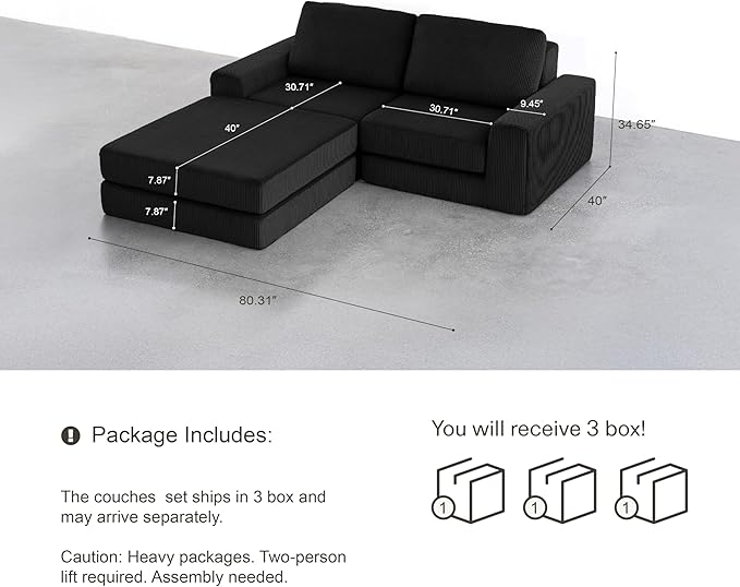 80.31‘’ Boneless Couch Cloud Modular Sectional Couches for Living Room, Modern Oversize L-Shape Sofa with Deep Seat, Modular Loveseat with Ottoman, No Assembly Required