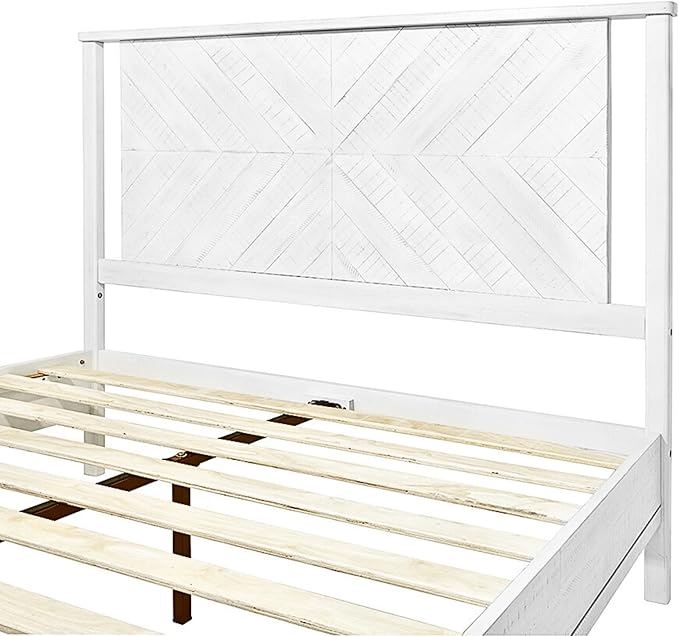 Bme Vivian 14 Inch Deluxe Bed Frame with Headboard, Rustic & Scandinavian Style with Solid Acacia Wood, No Box Spring Needed, 12 Strong Wood Slat Support, Easy Assembly, King, Rustic White