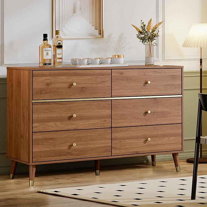 6 Drawer 47" Wide Mid Century Wooden Chest of Drawers, Walnut