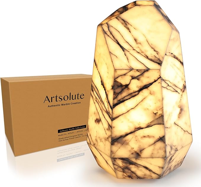 Handcrafted Real Marble Table Lamp, Stone Lamp with Tri-Color Dimmable LED, Bedside Lamp, Small Table Lamp for Home Decor, Table Lamp for Bedroom Living Room, Multifacet