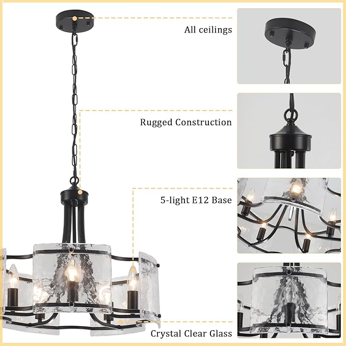 Modern Black Chandelier 5-Light Textured Glass Chandeliers for Dining Room 18.9''Drum Crystal Light Fixture Over Table Farmhouse Round Pendant Light for Kitchen Island Bedroom Living room Foyer,E12