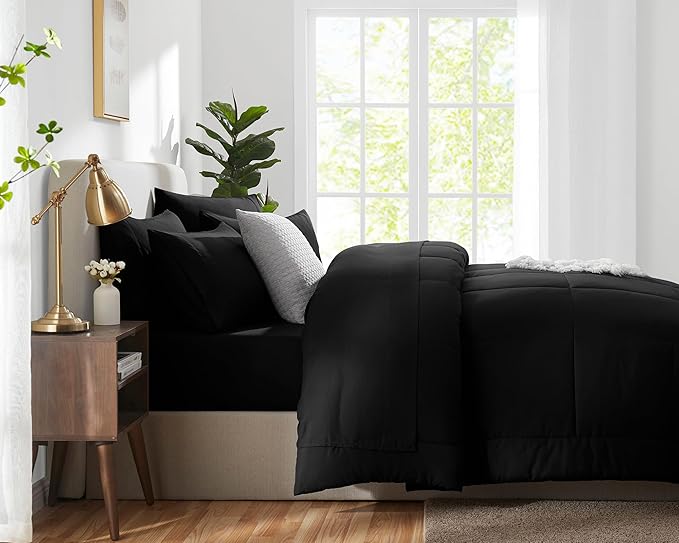CozyLux Queen Comforter Set Black, 7 Pieces Bed in a Bag, Black Comforter Queen Size, All Season Bedding Sets with Stitch Quilted Comforter, Flat Sheet, Fitted Sheet, Pillowcases