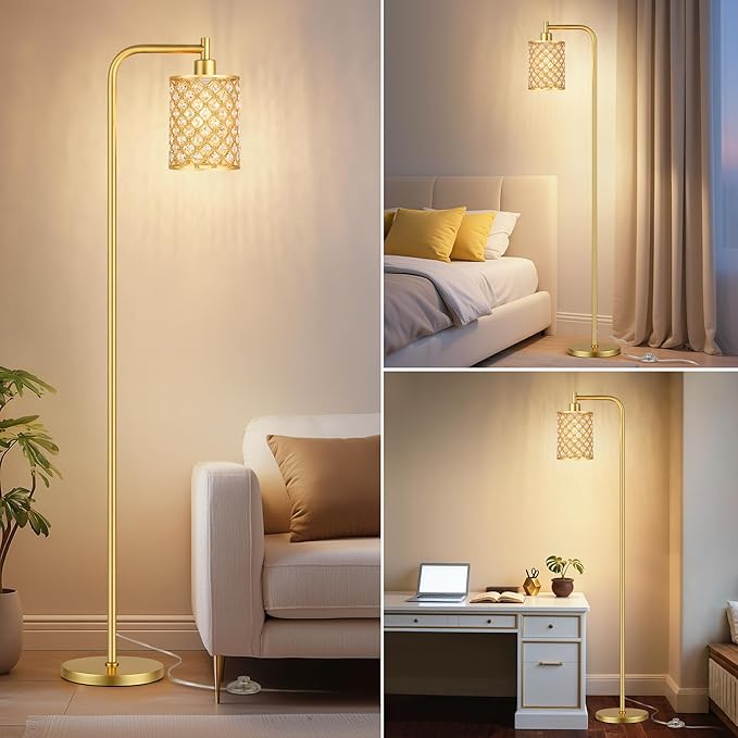 QiMH Industrial Floor Lamp for Living Room, Modern Standing Lamp with Crystal Lampshade Pedal Switch, 67” Tall Lamp for Bedroom Study Room, Gold(2700K LED Bulb Included)