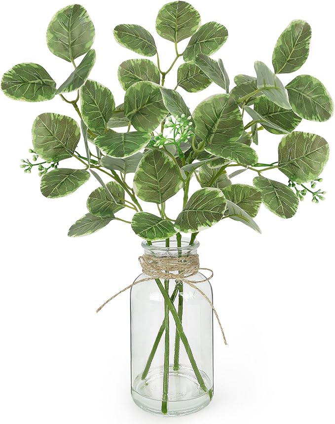 Fake Plants Eucalyptus Stems in Glass Vase with Faux Water, Artificial Plants Eucalyptus Leaves for Shelf Desk Bathroom Farmhouse Home Decor