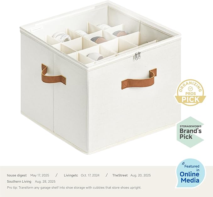 StorageWorks Shoe Organizer for Closet, Fits up to 16 Pairs, Shoe Cubby Storage Containers with Adjustable Dividers and Clear Cover, Beige