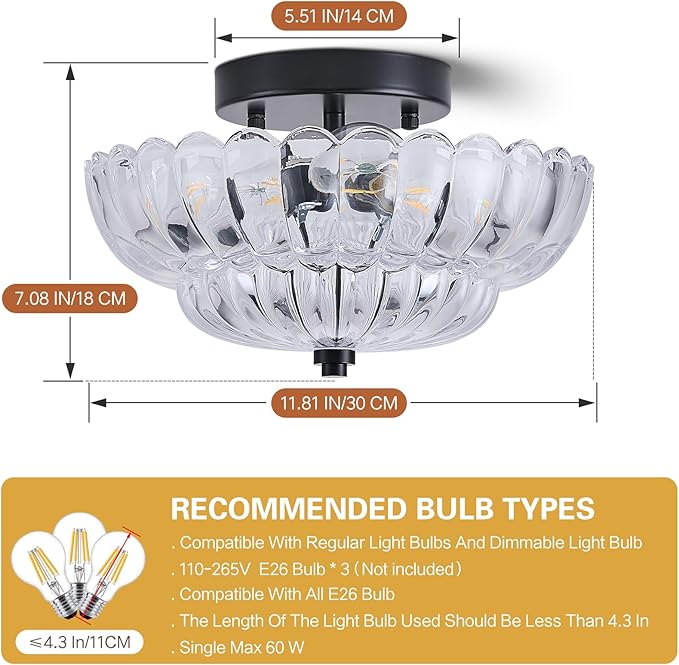 Mid Century Modern Black Semi Flush Mount Ceiling Light Fixture,3 Lights Flower Glass Close to Ceiling Lighting Fixtures for Bedroom Hallway Kitchen Foyer Bathroom Closet Laundry Room 11.8 in