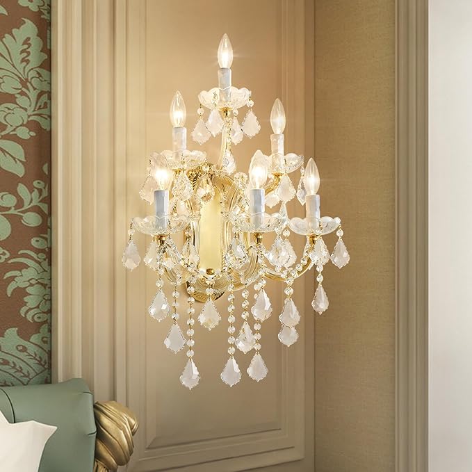 Modern Crystal Wall Sconce Lights- 6 Light Maria Theresa Crystal Wall Sconces Lighting Gold Wall Lamp Chandelier Light Fixtures for Living Room Wall Sconce Light Wall Mounted Lamp Indoor