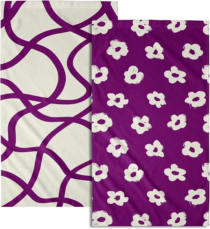Modern Style Kitchen Towels Set of 2 Purple Floral Quick Dry Microfiber Dish Towels