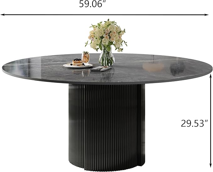 59" Modern Round Dining Table for 6, Gray Sintered Stone Dining Room Table with Black Fluted Metal Pedestal, Easy Assembled Circle Kitchen Table for Home, (Table Only)