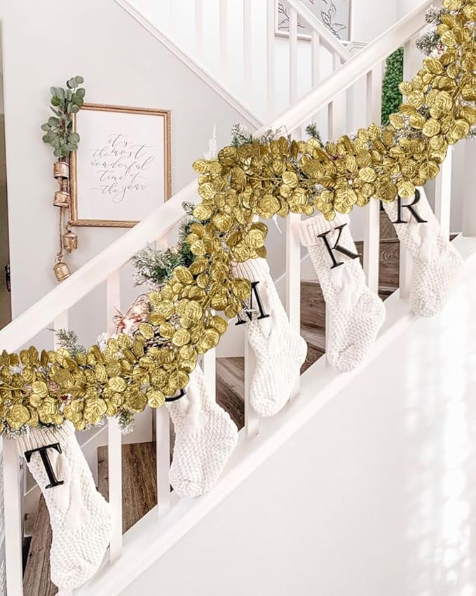 3 Pcs 6FT Christmas Garland Gold Glittered Artificial Eucalyptus Leaves for Mantle Christmas Tree Decorations Hanging Garland Ornaments Garden Table Shelf Door Window Wall Stair Holiday Home Decor