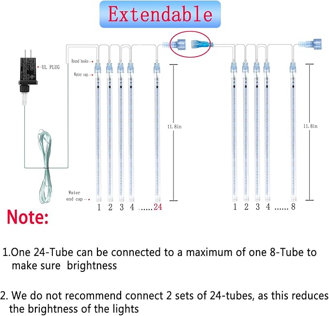 Outdoor Christmas Decorations, 24Tubes Meteor Shower Lights (Equal to 3 Sets of 8-Tubes) Ice Blue LED Icicle Christmas Lights for Halloween Xmas Decorations Tree Party Yard Outdoor