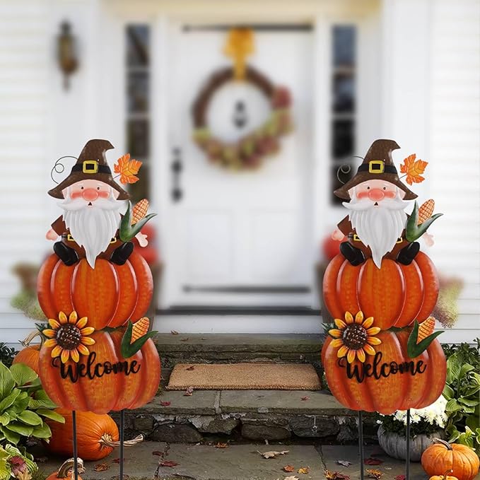 Fall Yard Stakes Large 39.3inch with Gnome and Sunflowers for Thanksgiving Decorations, Metal Pumpkins for Outdoors Garden Patio Harvest Decor