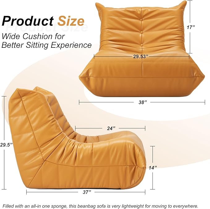 Hobestluk Giant Bean Bag Chair Lazy Floor Sofa, Fireside Sofa for Adults, Big Beanbag Faux Leather Armless Chair for Living Room Bedroom Dorm Office (Yellow, Single)
