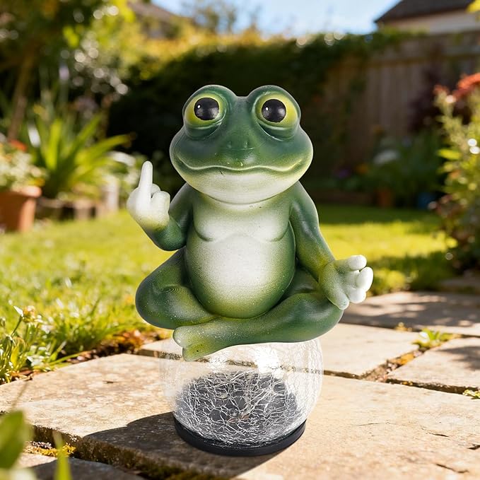 Meditating Frog Solar Garden Statue with Crackle Glass LED Light - Humorous Zen Yoga Animal Decor - Funny Gag Gifts for Patio Lawn and Pool Area - Christmas House Warming Gifts New Home
