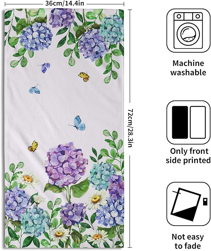 Hydrangea Daisy Kitchen Towels Set of 2 Blue Purple Floral Butterfly Absorbent Hand Tea Dish Towels Green Leaf 16x24 Tabletop Decor