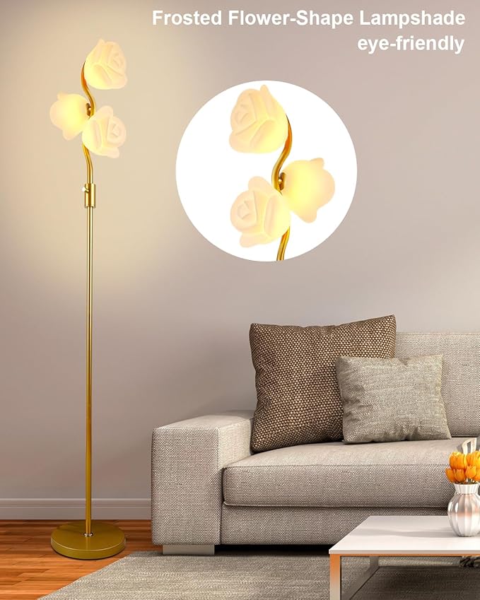 Dimmable Gold Floor Lamp with 3 Flower Lampshades, Modern Floral Standing Lamps with Warm White 3000K Bulbs, Mid Century Floor Lamp for Living Room Bedroom Home Decor