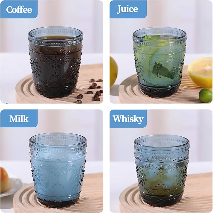 Blue Glassware set of 4, 10OZ Drinking Glasses, Blue Heavy Duty Glass Cups, Old Fashioned Glass, Embossed Glasses Set for Party Wedding Home Office Glassesware Gift