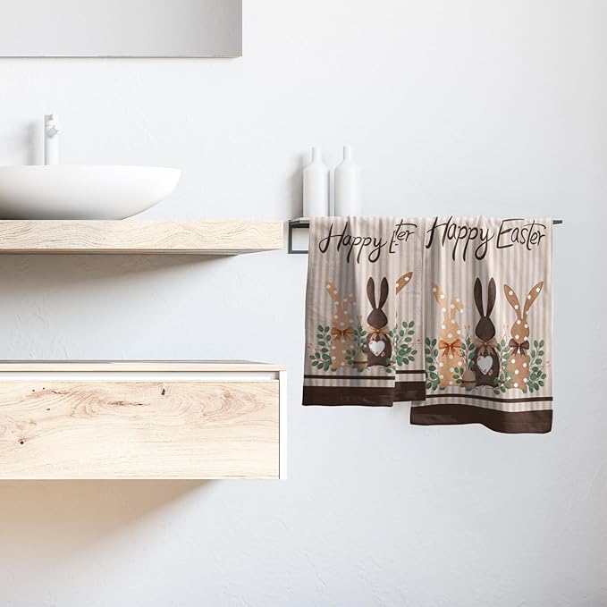 Happy Easter Face Towels Set of 2 28.3x14 Absorbent Decorative Bunny Rabbit Eucalyptus Holiday