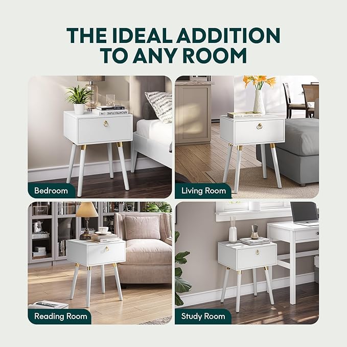 Bme Alden Wood Bedside Table Solid Wood Mid Century Modern Nightstand Compact for Bedroom Living Room & Study Room Easy Assembly, Ivory White