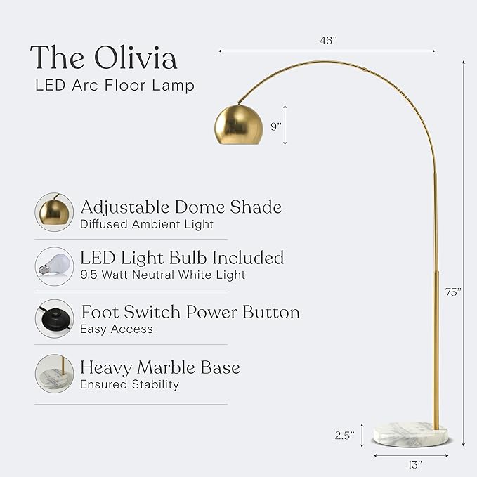 Brightech Olivia Floor Lamp, Arc Lamp for Living Rooms, Standing Lamp with LED Light Bulbs for Bedroom Reading, Great Living Room Décor, Tall Lamp for Offices – Brass/Gold