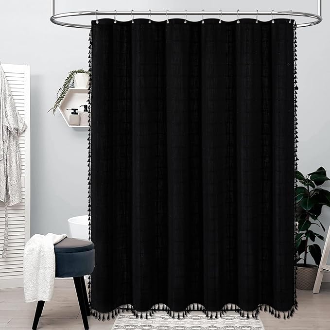 BTTN Boho Shower Stall Curtain - 36x72 Narrow Linen Ultra Thick Tassel Fabric Shower Curtain Set with 6 Plastic Hooks, Half Modern Farmhouse Country Weighted Shower Curtains for Bathroom - Black