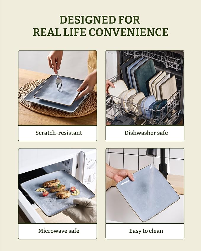 Famiware Dinnerware Sets for 4, Ocean Square 12-Piece Kitchen Plates and Bowls Sets, Reactive Glaze, Microwave and Dishwasher Safe, Scratch Resistant, Blue