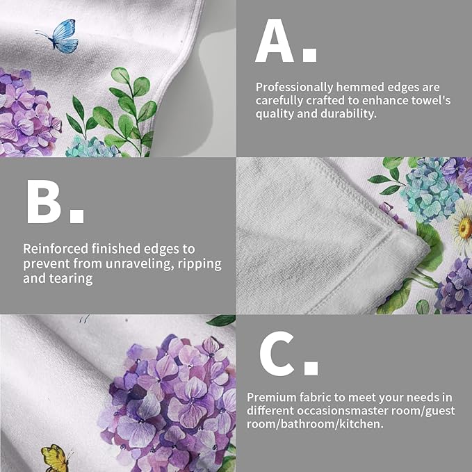 Hydrangea Daisy Kitchen Towels Set of 2 Blue Purple Floral Butterfly Absorbent Hand Tea Dish Towels Green Leaf 16x24 Tabletop Decor