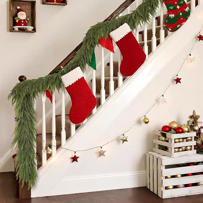 2PCS 9FT Norfolk Pine Garland, Christmas Artificial Faux Greenery Garland Real Touch Holiday Decorations for Holiday Wreaths, Craft DIY and Home Xmas Decorations