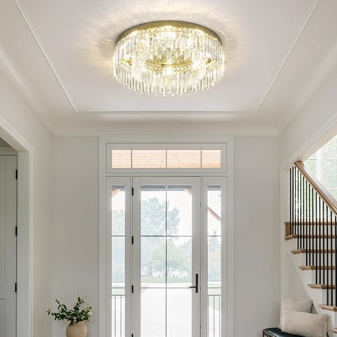 24in Gold Crystal Chandeliers Flush Mount Ceiling Light, 8 Lights Modern Crystal Ceiling Light, Large Round Chandelier Lighting Fixture for Dining Room Living Room Bedroom Kitchen