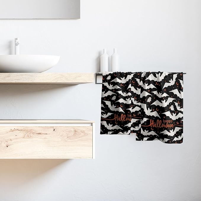 Happy Halloween Hand Towels Set of 2 Absorbent Holiday Kitchen Towels Decorative White Bat Ghost Orange Star Moon