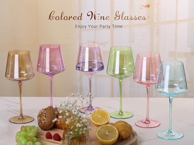 Physkoa Colored Wine Glasses Set 6-16OZ Colorful Wine Glass With Tall Long Stem&Flat Bottom,Colored Stemmed Wine Goblet,Wine Gifts for Women Mom Wife Friend