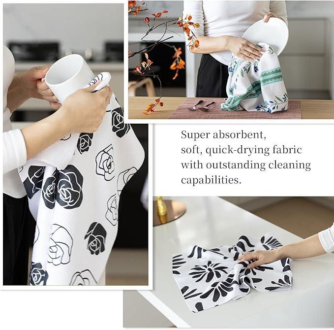 DIBALA Dish Towels Set of 2 Quick Dry Microfiber Kitchen Towels with Hanging Loop 18x30, Black White Daisy