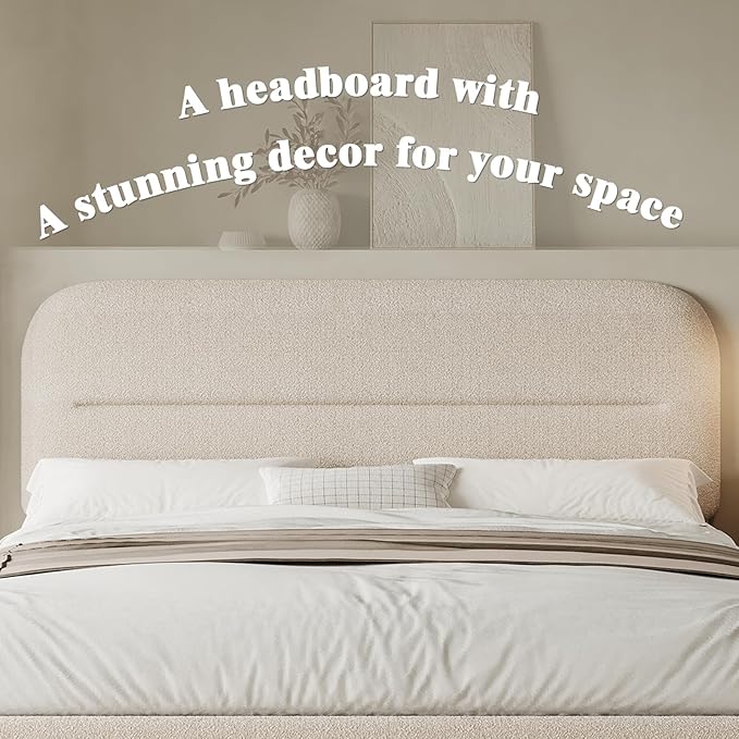 Full Size Boucle Bed Frame, Upholstered Full with Headboard, Soft BedFrame with Thickened Footboard, Soft Rounded Corners, No Box Spring Required, Easy Assembly, Cream