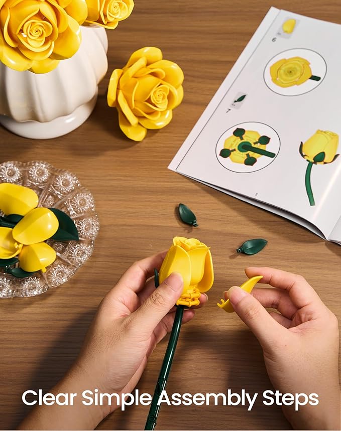 iATOM Yellow Flower Bouquet Building Set, Compatible with Lego Roses for Adults - Artificial Flowers Kit, Botanical Collection Home Decor - IA11019