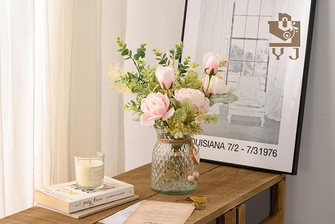YJ Fake Flowers with Vase, Artificial Flowers Silk Roses Flower Bouquet in Vase, Faux Flower Arrangements,Farmhouse Table Decor,Table Decorations for Living Room(Pink)